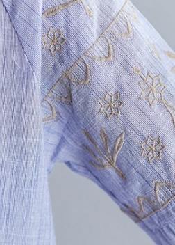 V Neck Cotton Blouse Neckline Blue Embroidery Shirt