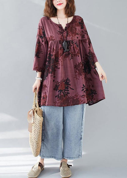 V Neck Linen Cotton Summerclothes Red Prints Dresses Shirts