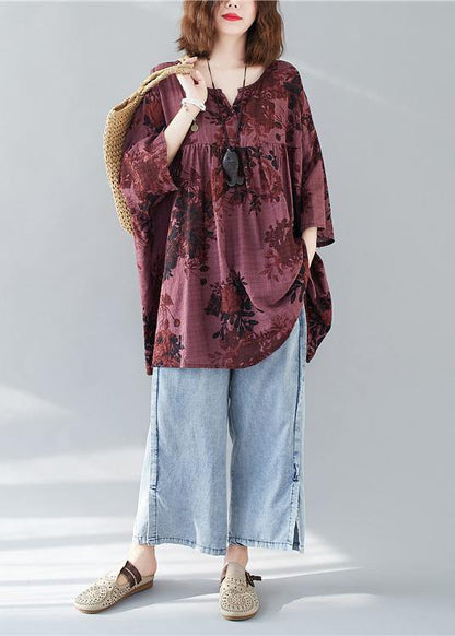 V Neck Linen Cotton Summerclothes Red Prints Dresses Shirts