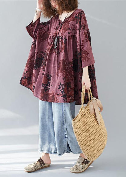 V Neck Linen Cotton Summerclothes Red Prints Dresses Shirts