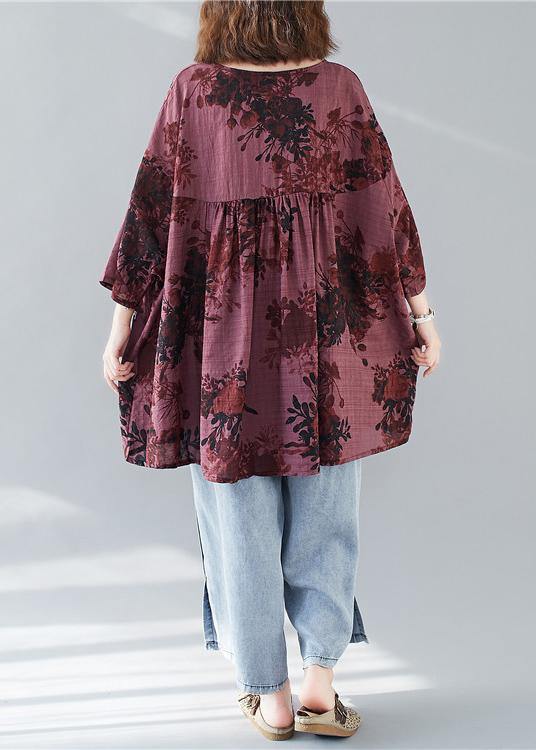 V Neck Linen Cotton Summerclothes Red Prints Dresses Shirts