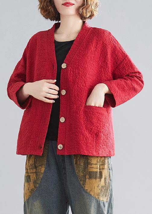 V Neck Pockets Cotton Spring Blouse Photography Red Top
