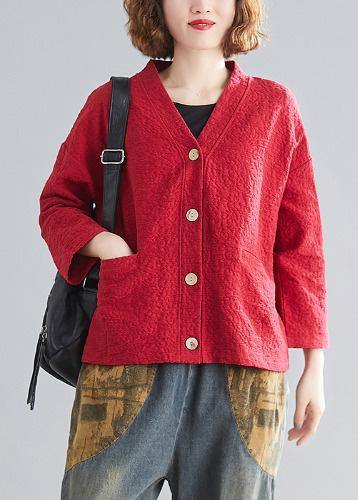V Neck Pockets Cotton Spring Blouse Photography Red Top