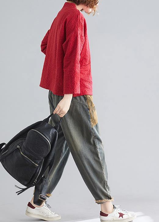 Bohemian v neck pockets cotton spring Blouse Photography red top