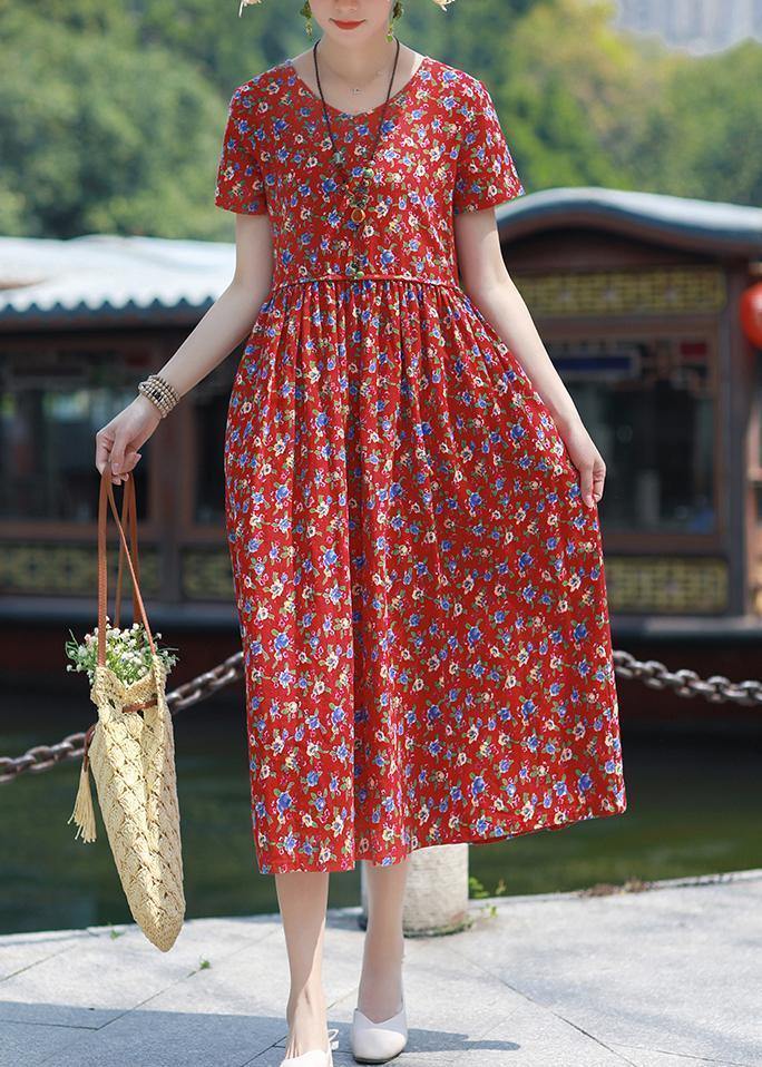 V Neck Pockets Linen Outfit Red Print Dresses Summer