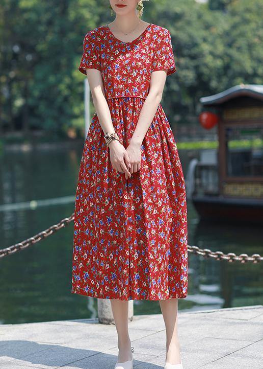 V Neck Pockets Linen Outfit Red Print Dresses Summer