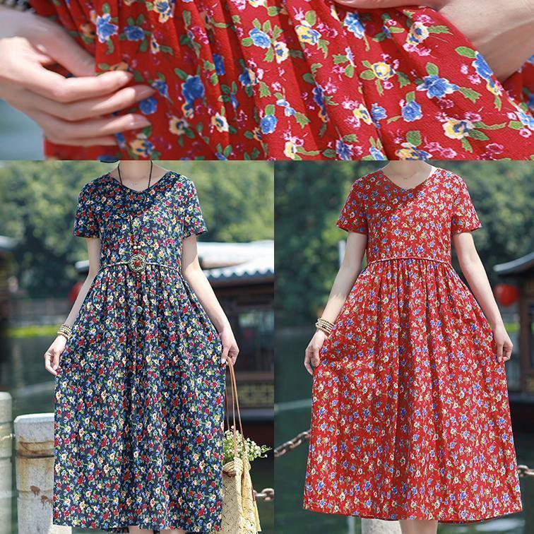 V Neck Pockets Linen Outfit Red Print Dresses Summer