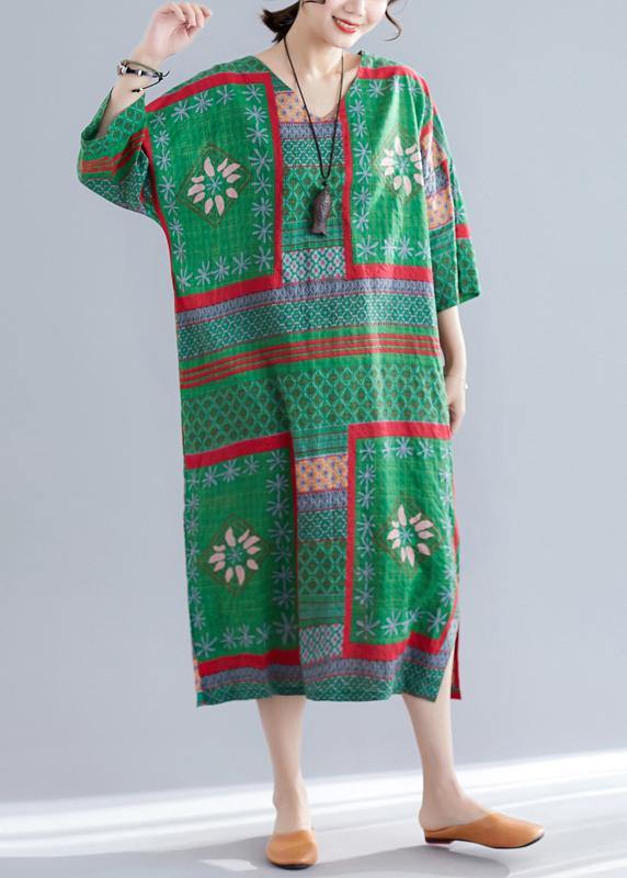 V Neck Side Open Cotton Pattern Green Print Maxi Dresses Summer