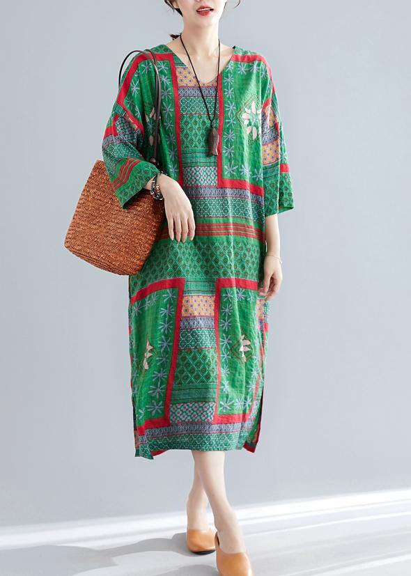 V Neck Side Open Cotton Pattern Green Print Maxi Dresses Summer