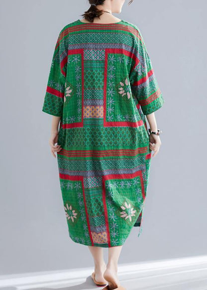 V Neck Side Open Cotton Pattern Green Print Maxi Dresses Summer