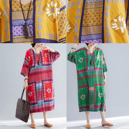 V Neck Side Open Cotton Pattern Green Print Maxi Dresses Summer