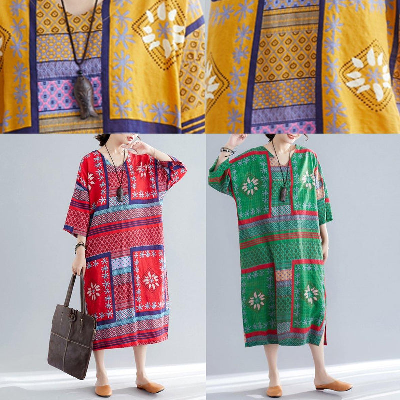 V Neck Side Open Cotton Pattern Green Print Maxi Dresses Summer