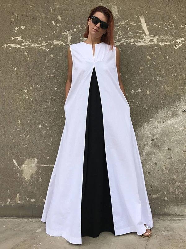 White Cotton Clothes for Sleeveless Patchwork Maxi Dresses