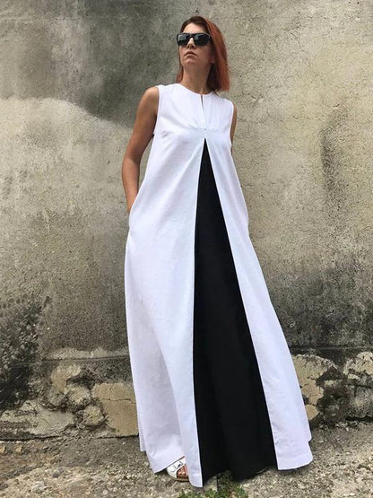 White Cotton Clothes for Sleeveless Patchwork Maxi Dresses