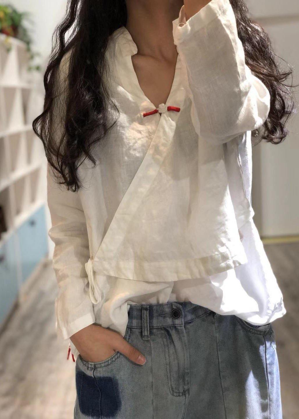 Bohemian Print3 linen Blouse v neck fall top