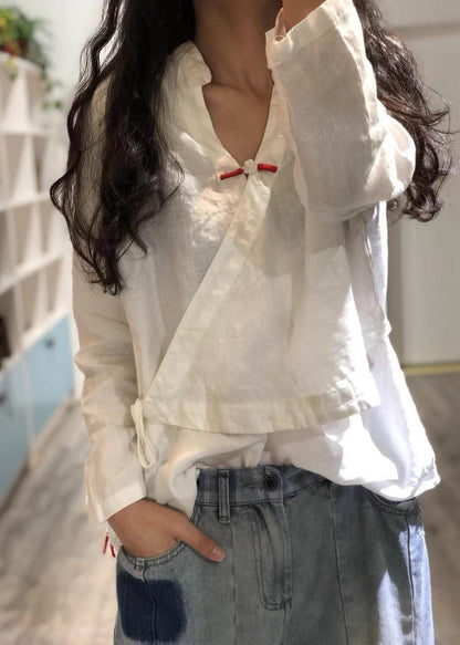 Bohemian white-Print2 linen Blouse v neck fall top