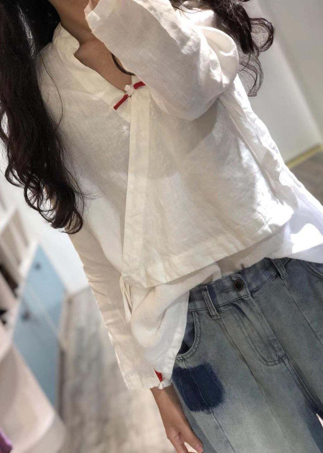 Bohemian white-Print2 linen Blouse v neck fall top
