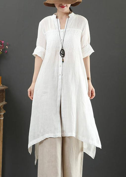 White Linen Crane Tops V Neck Tunic Summer Blouses