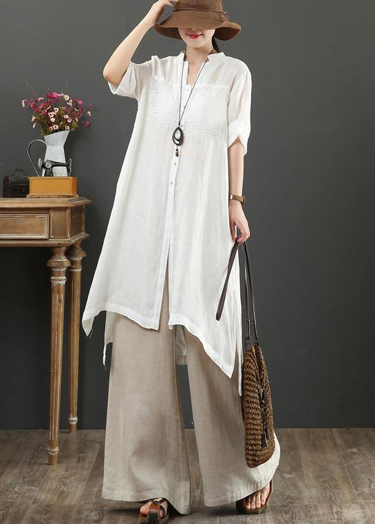 White Linen Crane Tops V Neck Tunic Summer Blouses