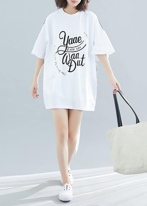 White Patchwork Striped Cotton Top O Neck Two Ways to Wear Tunic Dress