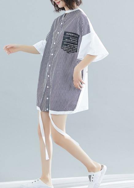 White Patchwork Striped Cotton Top O Neck Two Ways to Wear Tunic Dress
