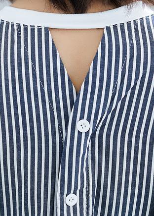 White Patchwork Striped Cotton Top O Neck Two Ways to Wear Tunic Dress