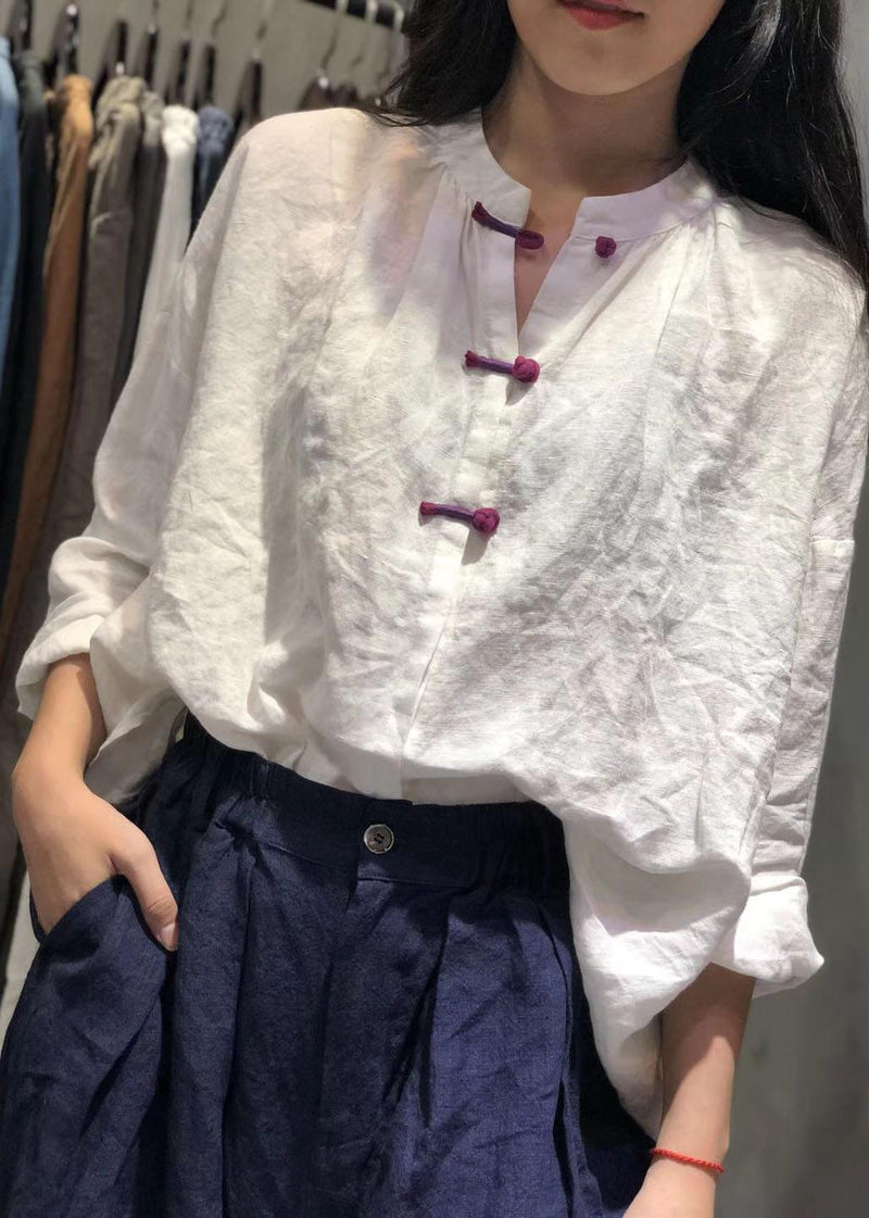 White Stand Collar Linen Box Top Chinese Button Clothing Fall Top