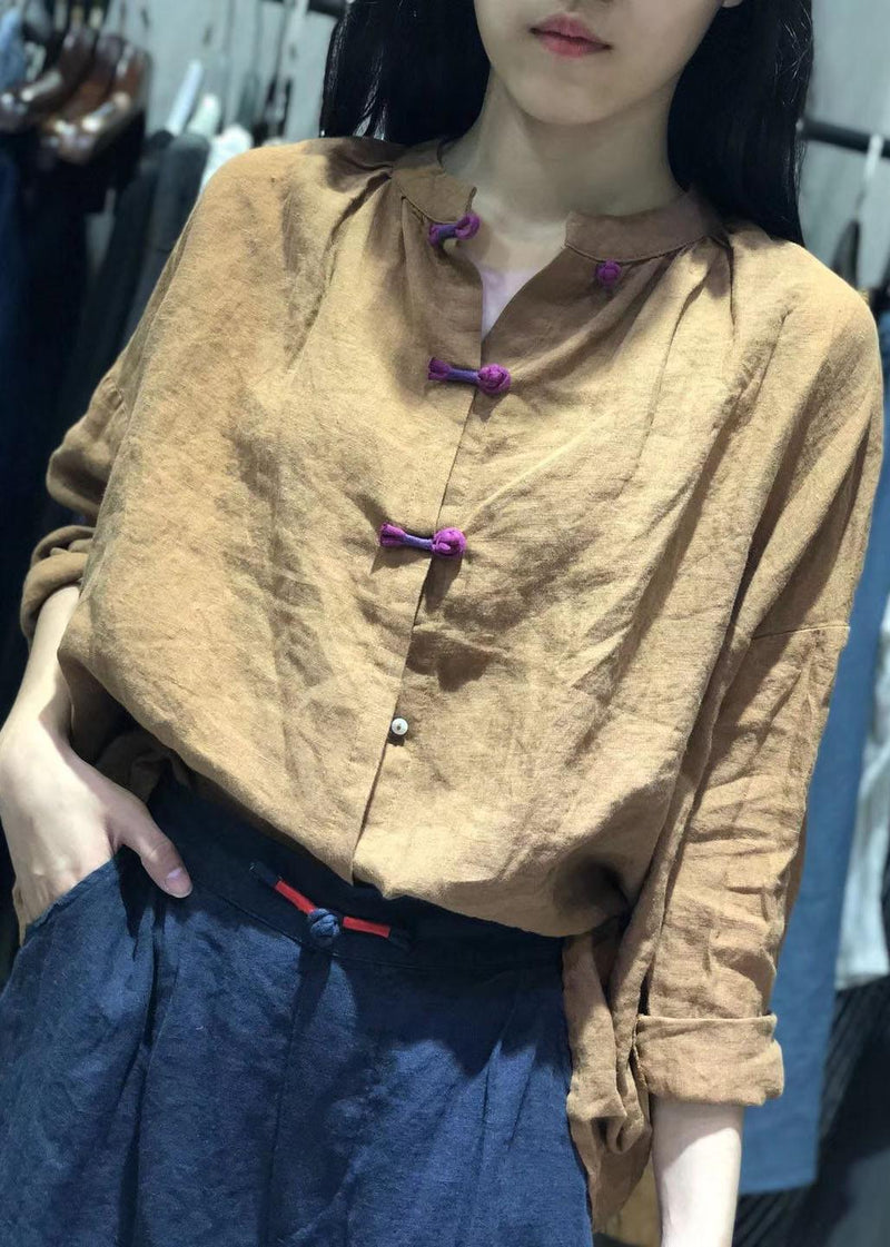 White Stand Collar Linen Box Top Chinese Button Clothing Fall Top