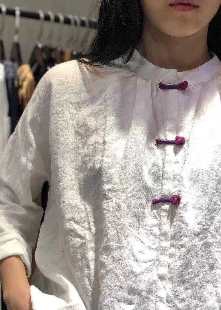 Bohemian white stand collar linen box top Chinese Button Plus Size Clothing fall top