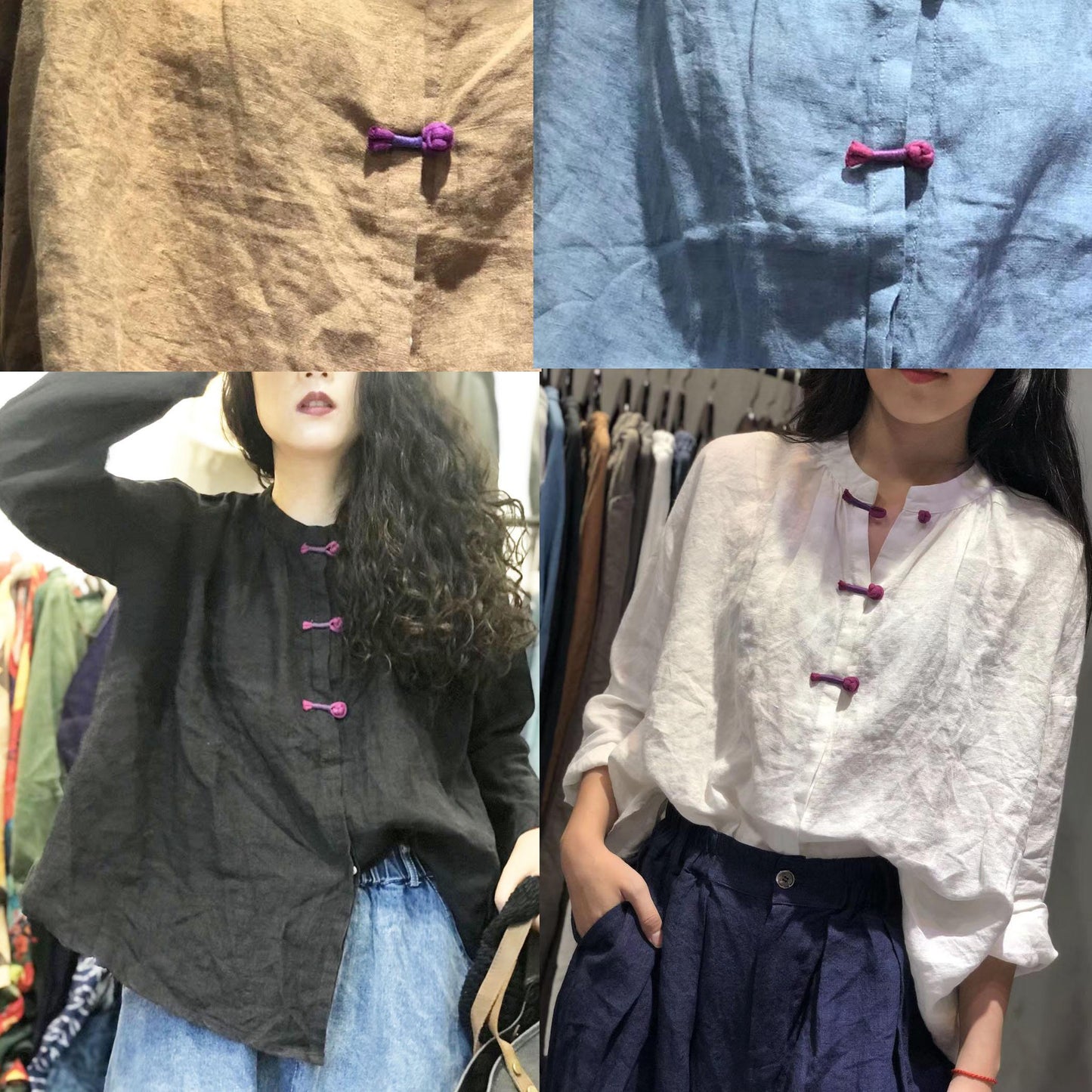 Bohemian white stand collar linen box top Chinese Button Plus Size Clothing fall top