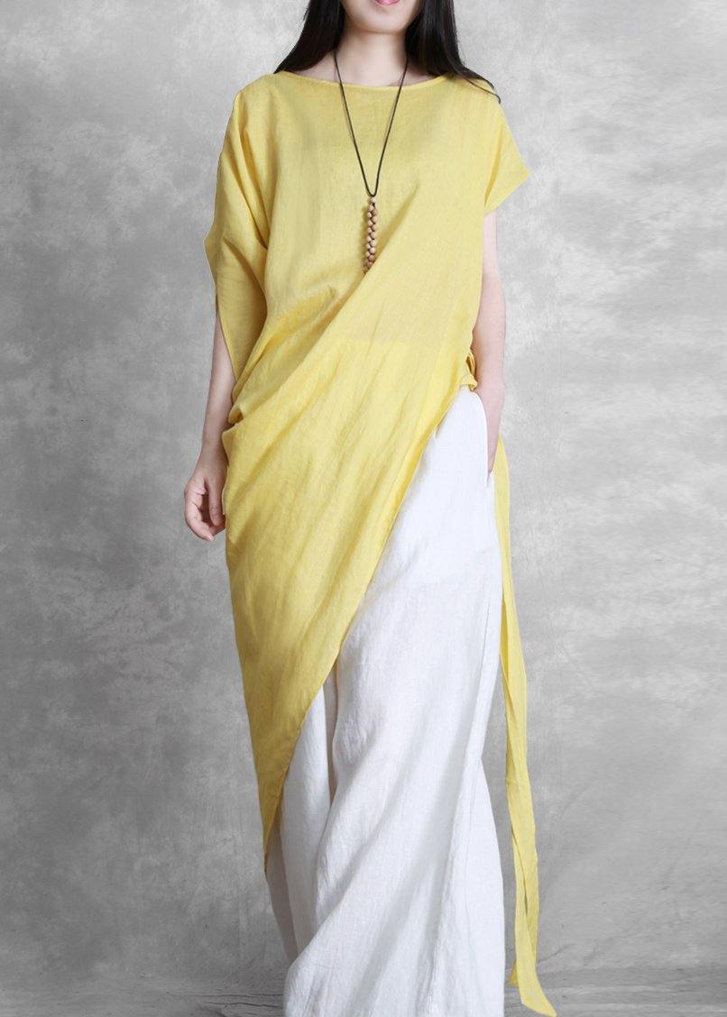 Yellow Clothes for O Neck Asymmetric Clothing Tie Waist Top