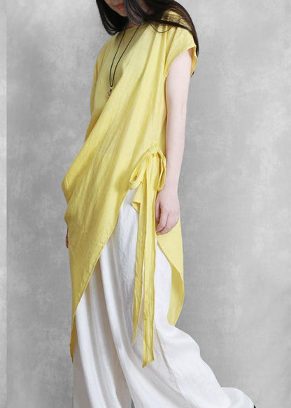 Yellow Clothes for O Neck Asymmetric Clothing Tie Waist Top