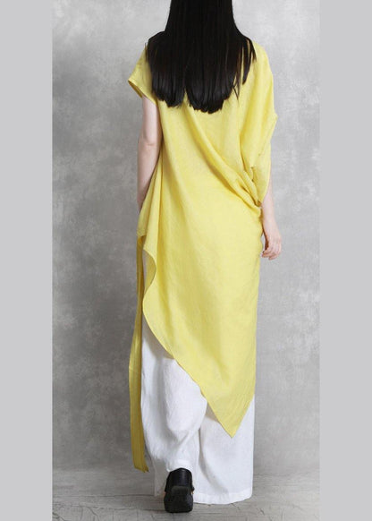 Yellow Clothes for O Neck Asymmetric Clothing Tie Waist Top