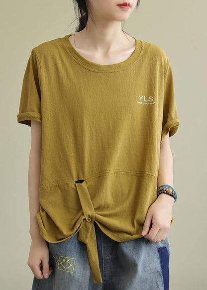 Yellow Cotton Linen Tops Blouses O Neck Letter Clothing Summer Blouses