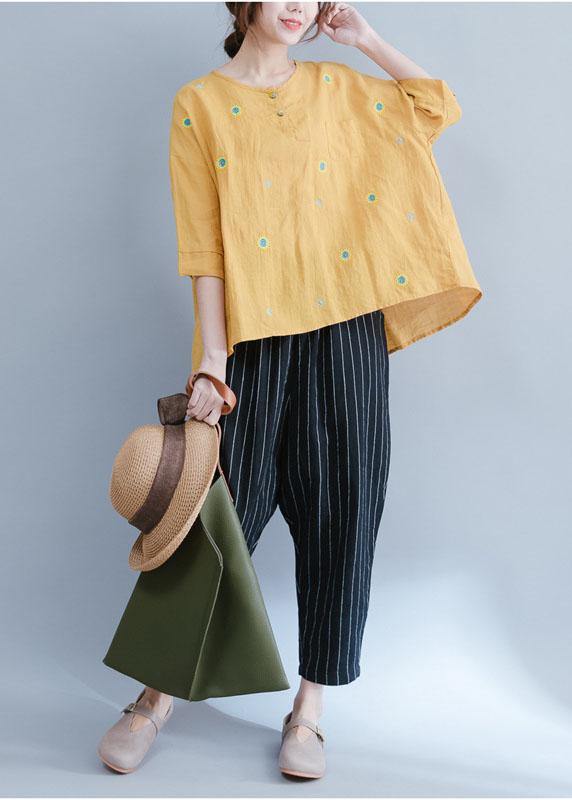 Yellow Embroidery Linen Cotton Top Silhouette Pattern Short Sleeve Summer Shirts