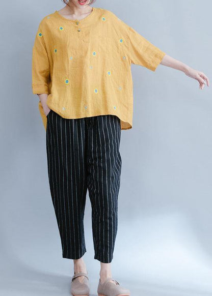 Yellow Embroidery Linen Cotton Top Silhouette Pattern Short Sleeve Summer Shirts
