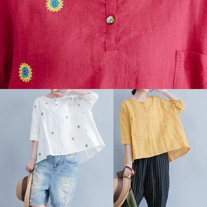 Yellow Embroidery Linen Cotton Top Silhouette Pattern Short Sleeve Summer Shirts