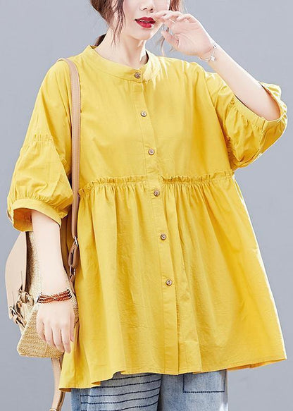 Yellow Lantern Sleeve Cotton Blouses for Stand Collar Art Summer Shirts