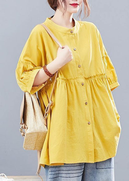 Yellow Lantern Sleeve Cotton Blouses for Stand Collar Art Summer Shirts