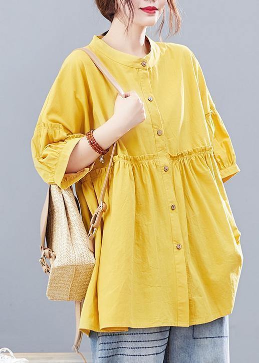 Yellow Lantern Sleeve Cotton Blouses for Stand Collar Art Summer Shirts