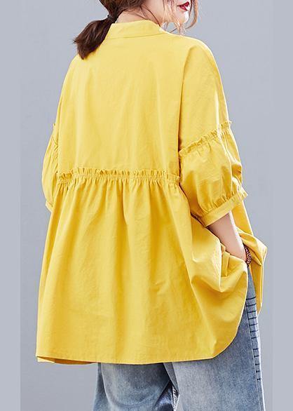 Yellow Lantern Sleeve Cotton Blouses for Stand Collar Art Summer Shirts