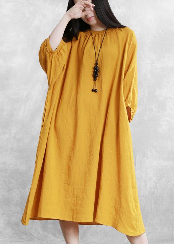 Yellow Linen Dresses O Neck Baggy Cinched Robe Dress