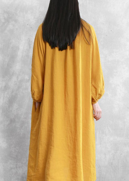 Yellow Linen Dresses O Neck Baggy Cinched Robe Dress