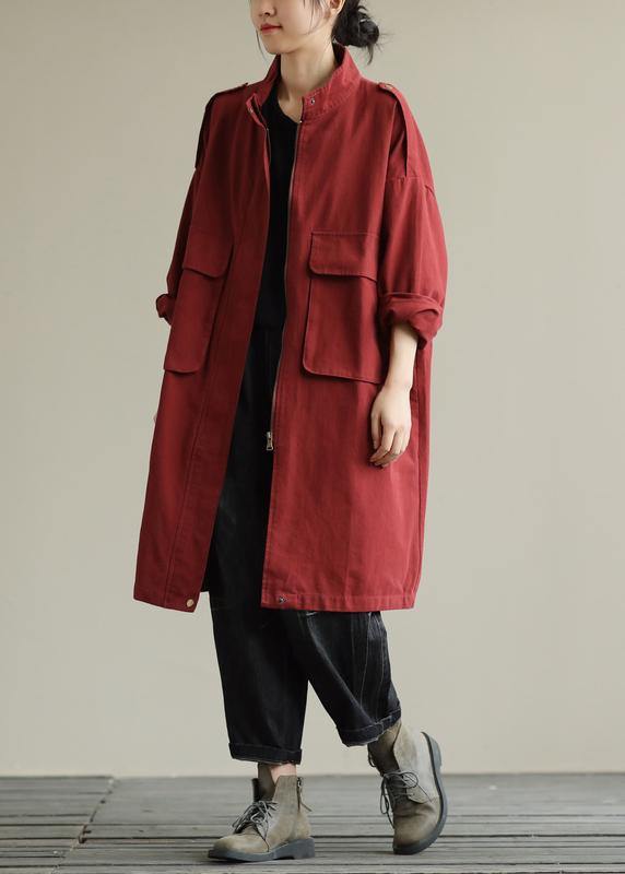 Zippered Pockets Fine Fall Coats Red Baggy Coat