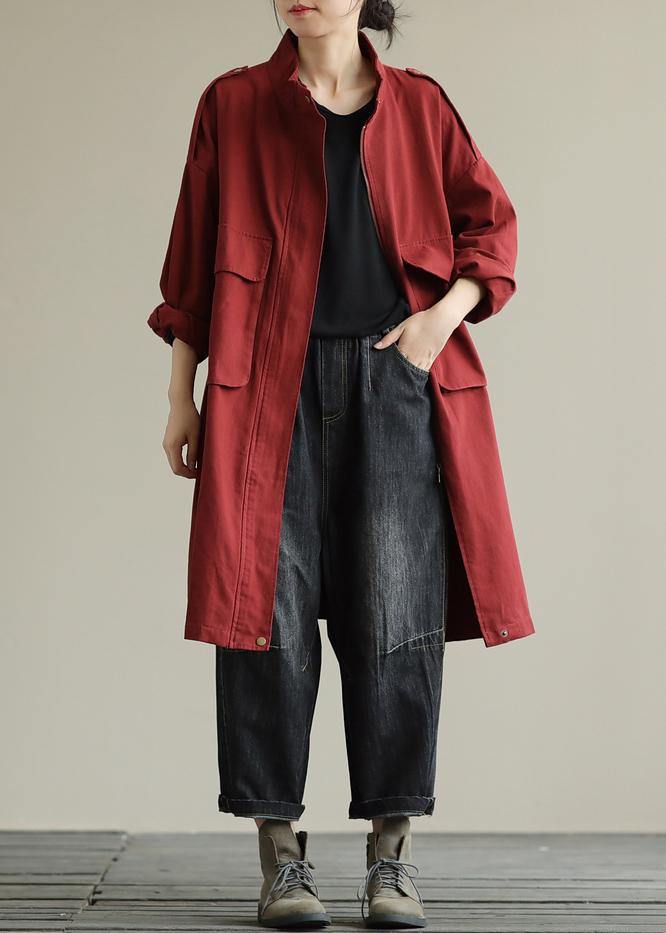 Zippered Pockets Fine Fall Coats Red Baggy Coat
