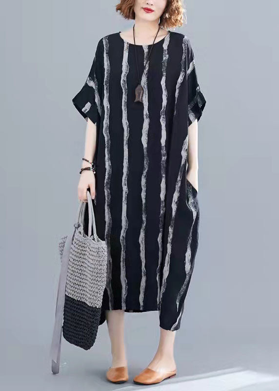 Black Striped Cotton Tunics for Fine Tutorials O-neck Pockets Oversized Summer Dresses
