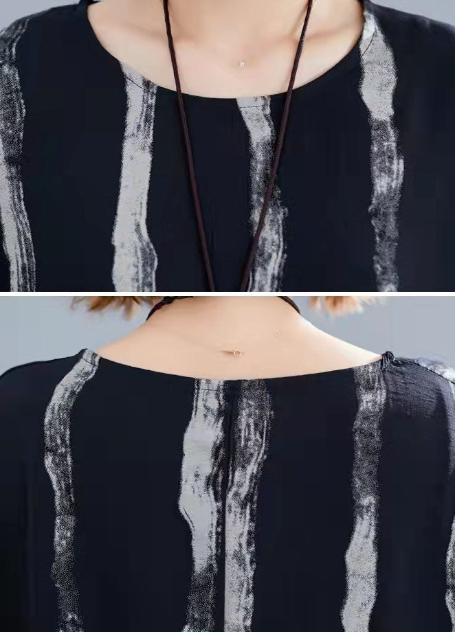 Black Striped Cotton Tunics for Fine Tutorials O-neck Pockets Oversized Summer Dresses