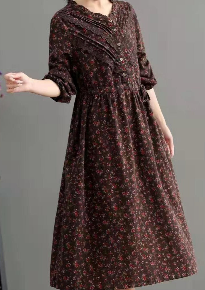 Blue Pockets Print Loose Fall Maxi Dress Long Sleeve