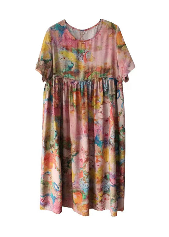 Silk Floss Robes O Neck Cinched Loose Summer Dress