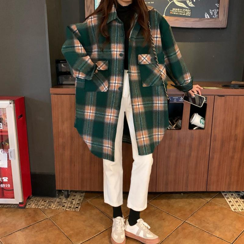 Lapel Pockets Spring Shirts Green Plaid Top